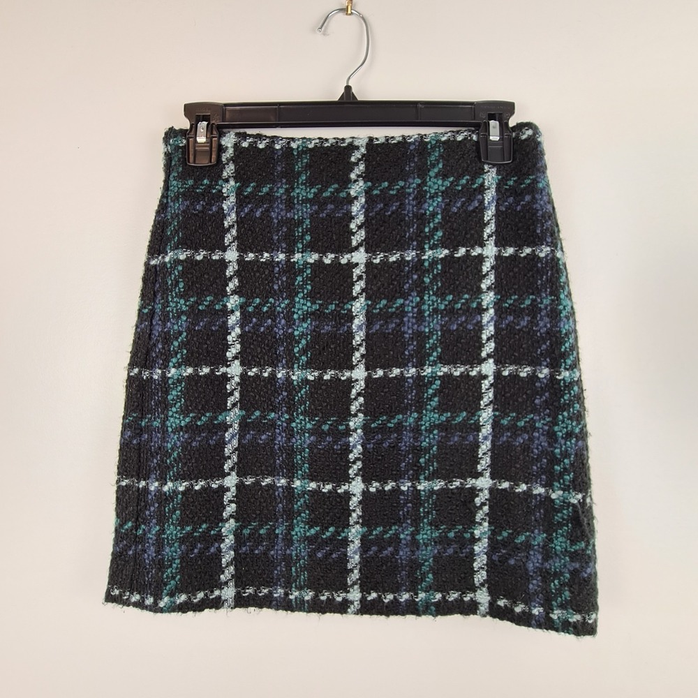 LOFT Skirt Womens 0P Petite Green Plaid Tweed Mini Skirt Academia Preppy Grunge